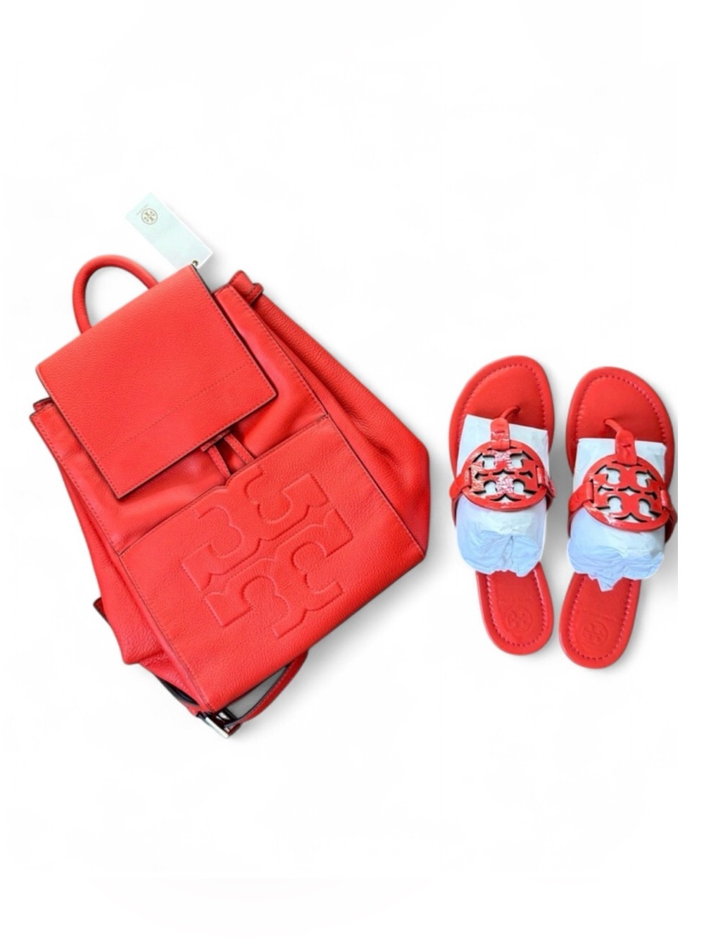 RARE Tory Burch Poppy Red Bombe-T Backpack + Miller Sandals 10.5 Set
